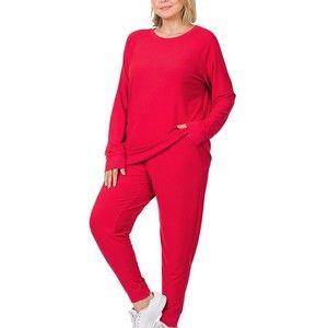 Zenana Lounge Set Womans Sweatshirt / Pants Reverse Terry Red Plus  2X